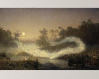 Fairies Dancing Vintage Oil Painting: Moonlight Meadow Landscape (Digital Download)