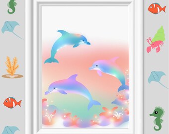 Delfines de ensueño. Estampado de delfines. Arte de pared de delfines. Impresión infantil. Vida marina en el océano. Tres delfines. Decoración temática del océano. Feliz impresión. arte infantil