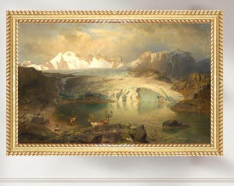 Glacier & Reindeer Art Print, Vintage Scandinavian Landscape, Alpine Glacier Painting, Nordic Wildlife Wall Art, Antique Mountain Artwork