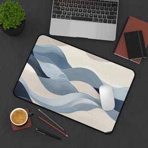 Desk Mat, Abstract Waves Desk Pad, Office Accessories, Home Office Decor, Blue Wave Mousepad, Desk Organizer, Desk Blotter Ocean Decor