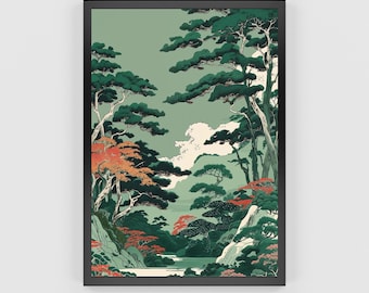 Japanese Forest Print: Sage Green Landscape, Wabi Sabi Botanical Art (Digital Download)