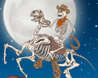 Estampado de vaquero esquelético a caballo, decoración de Halloween del oeste del desierto (descarga digital), estampado del oeste, luna espeluznante, Halloween moderno, gótico campestre