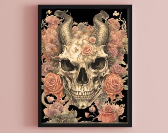 Decoración gótica para el hogar. Calavera demoníaca con cuernos rodeada de flores. Satánico, gótico oscuro. Halloween. Póster demoníaco. Decoración de criaturas satánicas.