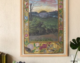 Imagen de un sol negro. Grabado medieval. Tratado alquímico alemán, 1582. Ilustración alquímica. Alquimia mágica. Arte oculto. Plantas y animales.