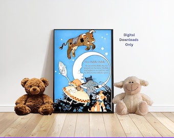 Canción infantil vintage, decoración infantil, Hey Diddle Diddle Cat and the Fiddle, Cow Jumped Over the Moon, Arte mural infantil caprichoso,