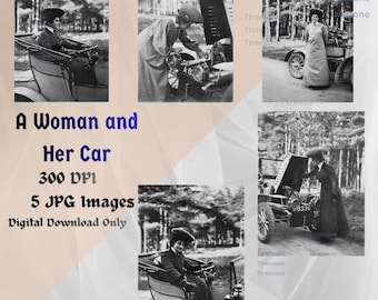 Arte de coches clásicos, mecánicas, historia de las mujeres al volante, ilustración de coches retro, objetos efímeros del automovilismo clásico, automovilismo, Dorothy Levitt