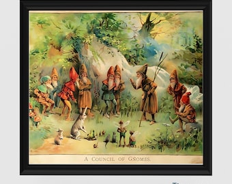 Council of Gnomes. Fairy tale. Little people. Woodland Gnomes. Cottagecore decor. 1800&#39;s Vintage art print. Father&#39;s Day gift.