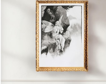 Fairy on a Ledge Digital Print by C E Brock Vintage Illustration, Fairytale Nursery Wall Art Antique Cottagecore Fine Art, Black and White