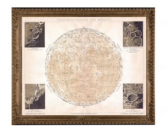 Mapa de la luna. Imagen vintage de la luna. Ilustración de la luna. Imagen de astronomía. La luna en detalle. Educativo. Decoración de luna llena. 1898. Luna
