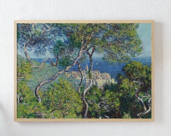 Paisaje de época. Monet. Ciudad al fondo. Bosque. Mirador en la cima de una colina. Pintura mediterránea. Descarga digital. Impresionista.