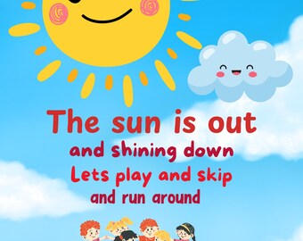 El sol entra. Divertido cartel de niños jugando. Sol sonriente y nube sonriente. Cartel infantil. Descarga digital. Arte mural infantil.