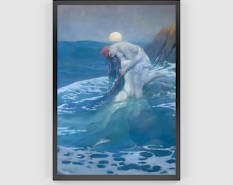 Sirena atrayendo a un pescador: Lámina artística vintage de 1910 (descarga digital)