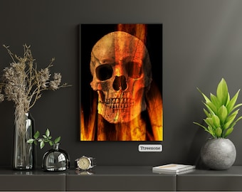 Calavera en llamas. Halloween espeluznante. Calavera. Gótico. Descarga ardiente. Imagen pagana, Dark Academia, arte pagano, calavera demoníaca, terror, fantasía oscura.