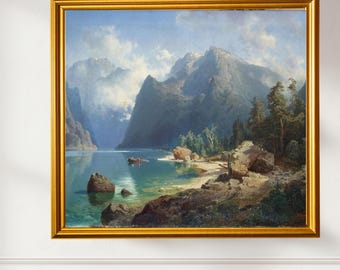 Norwegian Lake Landscape, 19th Century Mountain Painting, Vintage Scandinavian Art, Antique Fjord Scene with Rowers, Romantic Nordic Decor