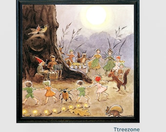 Forest Friends Dancing around a Tree. Fairy tale. Little people. Woodland fairies and friends. Cottagecore decor. 1800&#39;s Vintage art print.