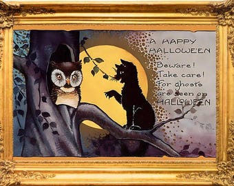 Lámina vintage de Halloween con gato negro y búho, decoración espeluznante para el hogar (descarga digital), tarjeta vintage de Halloween, efímero gótico espeluznante, postal