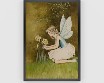 A fairy Looking at Flowers. Fairy tale. Whimsical fairy tale print.  Cottagecore decor. Pre 1900 Vintage art print.