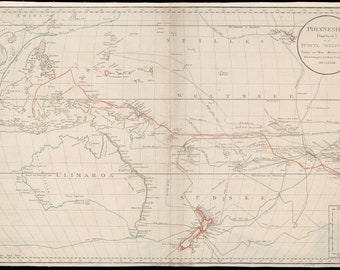 Map of Australia and Polynesia. Vintage late 1700's map of South Pacific.  Including attached Van Diemens land (Tasmania).  New Zealand.