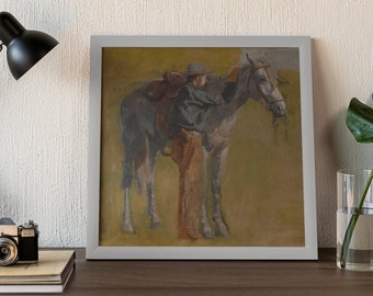 1888 年のビンテージ カウボーイ絵画。西部のスケッチ。バッドランズのカウボーイ。初期の米国。トーマス エイキンズ。壁画のプリント。馬とカウボーイ。カントリー。