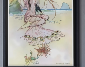 Sirena. Obra de arte pagana de sirena. Academia oscura. Escena de playa antigua. Decoración estilo cabaña. Impresión de arte vintage de 1910. Impresión oceánica. Estética azul.