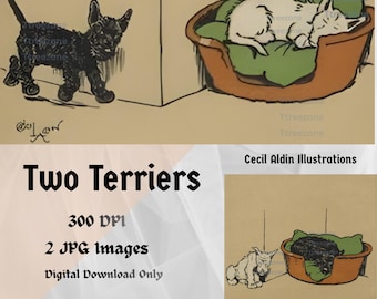 Arte canino al estilo de Cecil Aldin, ilustración de perro vintage, ilustración de cachorro de terrier, arte de cachorro de cuento de hadas, arte de terrier vintage, arte canino nostálgico.