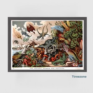 Vintage Animal illustration Pre Historic Stylised animal and reptile art funny wall art Educational art Home Schooling Kids decor Extinct