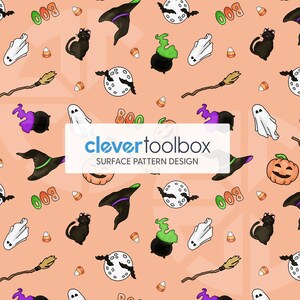 May include: A repeating pattern featuring Halloween-themed illustrations on a peach background. The design includes black cats, witch hats, ghosts, cauldrons, pumpkins, brooms, candy corn, and full moons. The text "clevertoolbox SURFACE PATTERN DESIGN" is also present.
