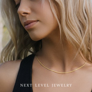 May include: A delicate gold-colored rope chain necklace. The necklace is worn against a black top. The text "NEXT LEVEL JEWELRY" is displayed at the bottom of the image.