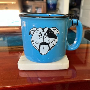 Smiling Pitbull Ceramic Campfire Mug 15oz - Lime Green/Hawaiian Blue