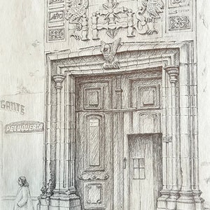 Original Drawing Antigua Calle Del Correo Viejo, S. Poniente 100, Puebla Mexico by Salazar 1947. Pencil on Paper