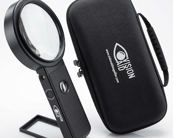 30x 10x VisionAid Magnifying Glass with Stand - Hands-Free Magnifier with LED Light and Protective Case