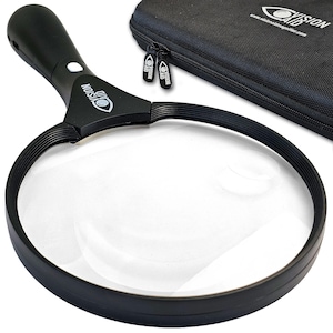 May include: A black handheld magnifying glass with a circular lens and a sturdy handle, featuring the white Vision Aid logo on the frame. It is accompanied by a matching black zippered protective carrying case with the Vision Aid logo printed on it.