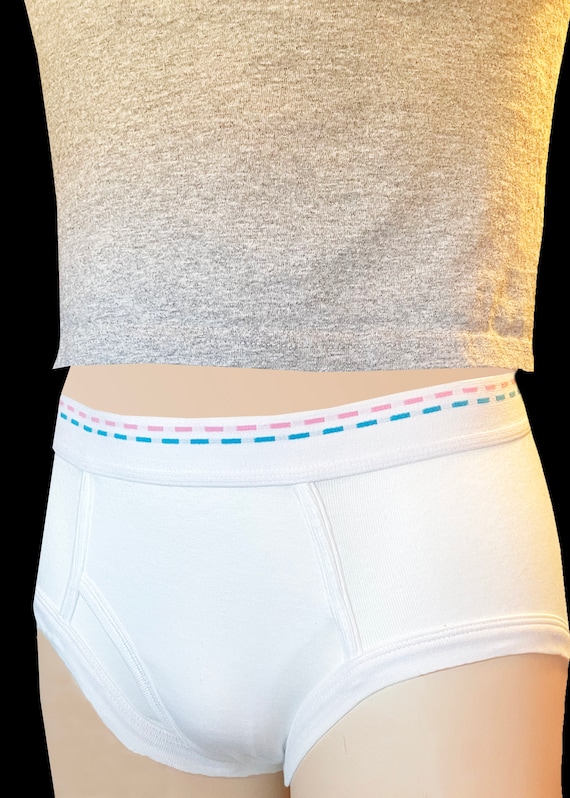 Tiger Underwear All White Men's Double Seat Mid Rise Brief and Double Baby  Pink/blue Dash Waistband 