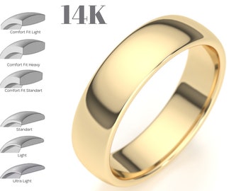 14k 5MM Yellow Gold Band All Shapes Half Round Gold Wedding Band, Polished Comfort Fit Mens Womens Wedding Ring, Traditional Solid Gold Band