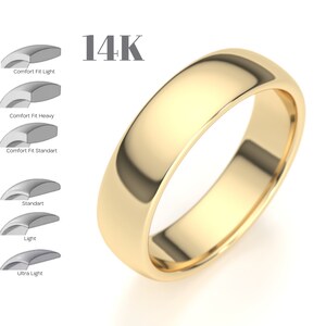 14k 5MM Yellow Gold Band All Shapes Half Round Gold Wedding Band, Polished Comfort Fit Mens Womens Wedding Ring, Traditional Solid Gold Band