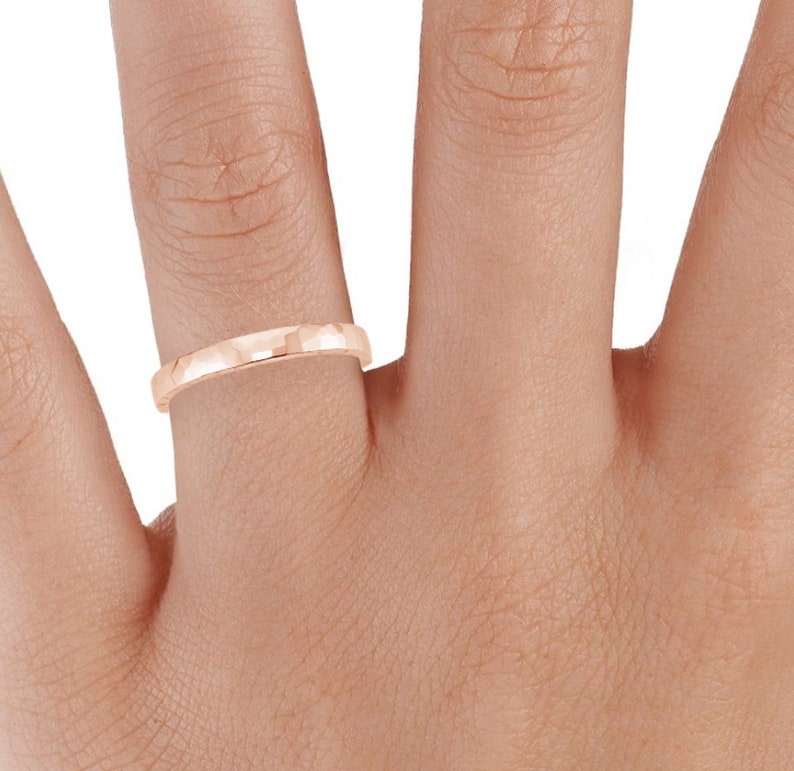 14k Hammered Faceted Rose Band Ring Minimalist Wedding Jewelry Matte Band Mens Womens Dainty Rings Matte Simple Pink Rings For Women