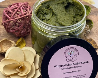 10 oz jar - Whipped Shea Sugar Scrub | Exfoliating Facial Cleanser | Moisturizing Mask | Tumeric Activated Charcoal Scrub | Kaolin Clay Mask