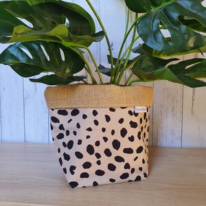 May include: A brown and black leopard print fabric planter with a hessian top. The planter is filled with a green monstera plant.