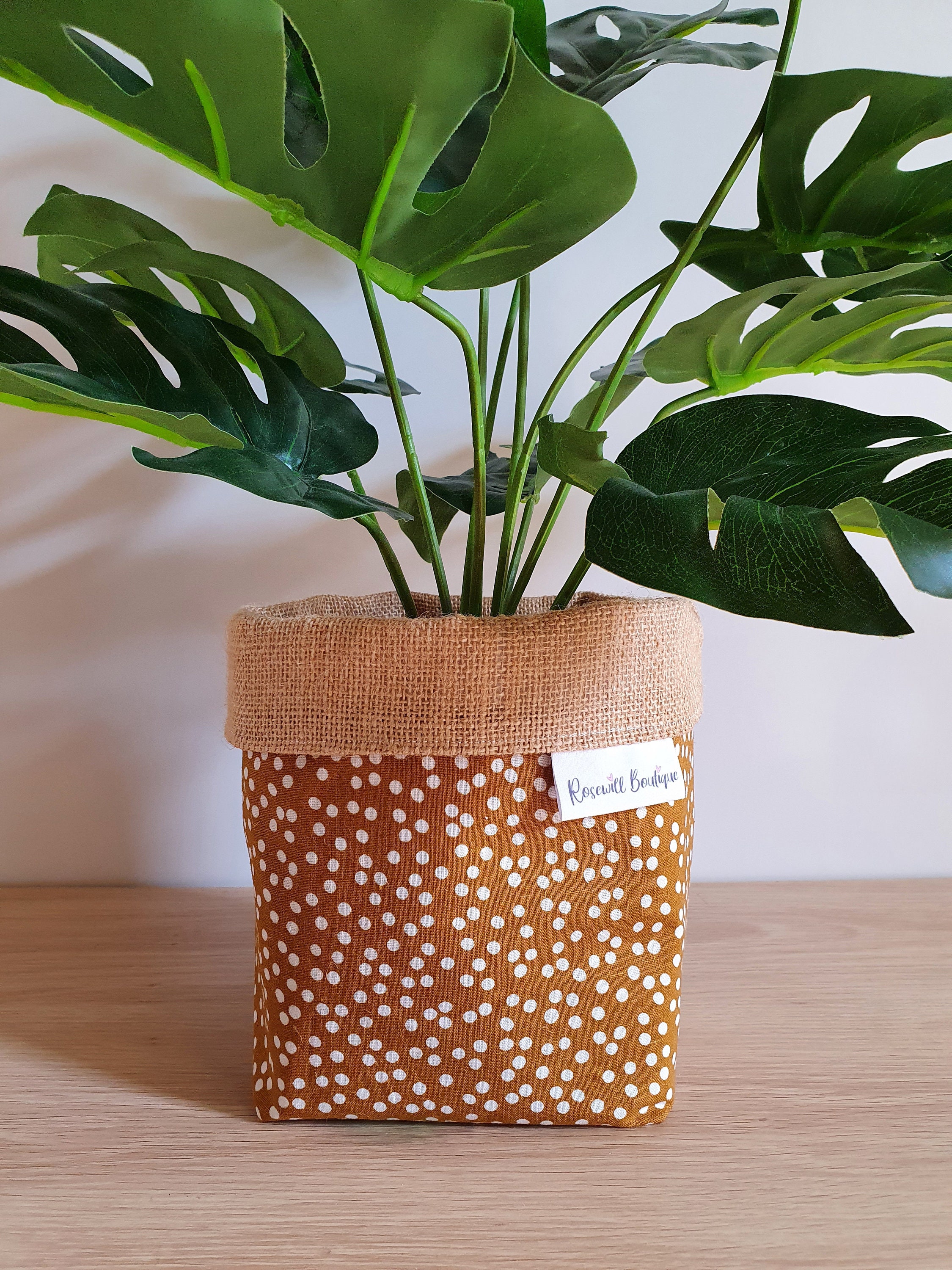 Pot Plant Cover Reversible Mustard and White Spots With Hessian Liner