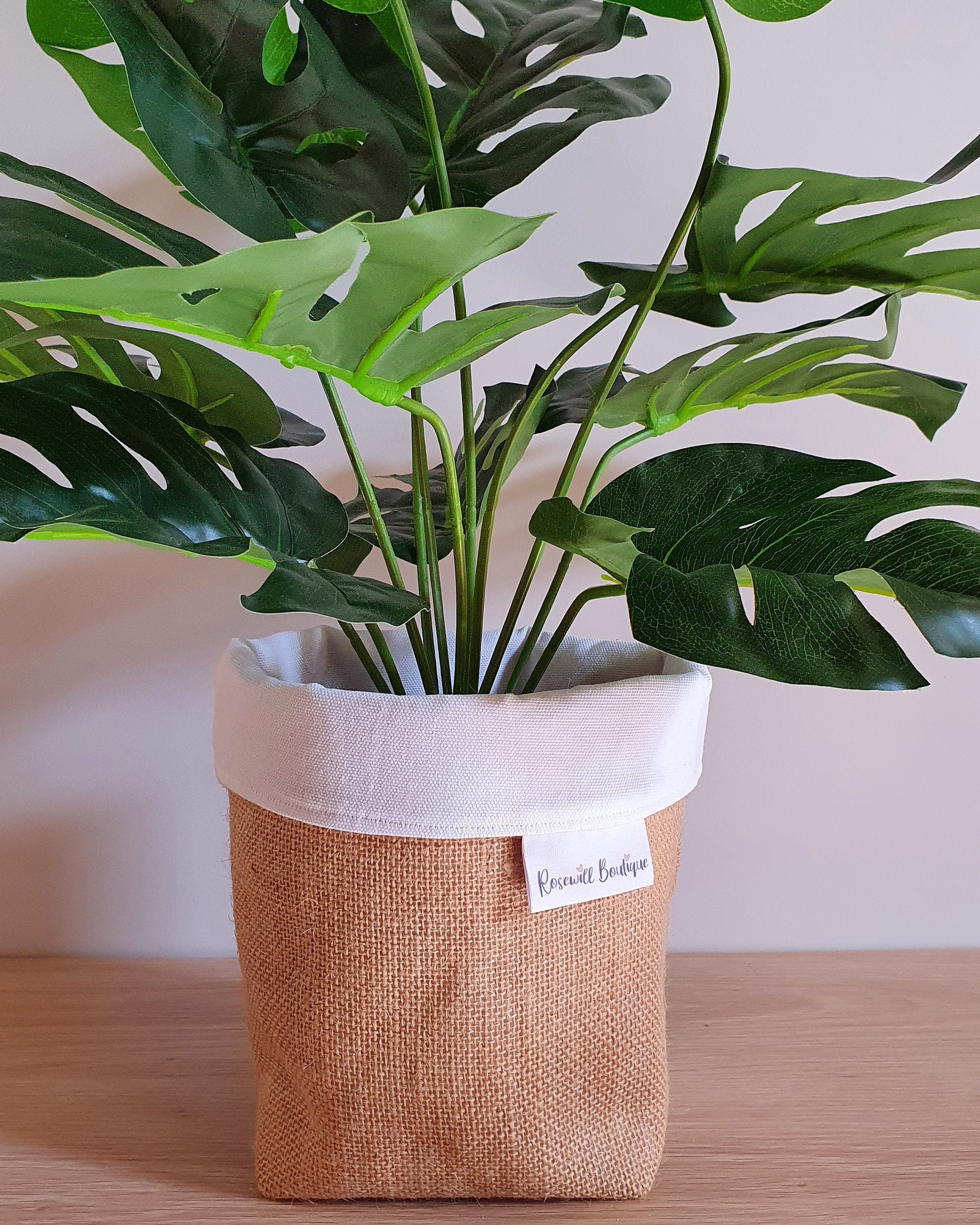 Pot Plant Cover Reversible Hessian With Cotton Liner, Fabric Basket