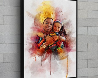 Custom Mother Daughter Illustration Canvas Print Watercolor Art Family Portrait