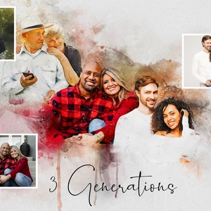 May include: A watercolor illustration of three generations of a family. The image features three couples, each with a different skin tone, and the text "3 Generations".