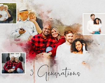 Watercolor Family Portrait from Multiple Photos on Canvas Birthday Gift Anniversary Gift Canvas Art Combined Photos