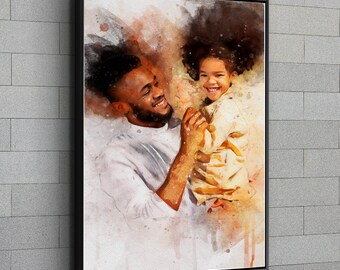 Custom Portrait Personalized Watercolor Illustration Father and Daughter Watercolor Canvas Print Father's Day Gift Anniversary Gift