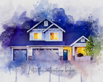 Personalized House Portrait, Hand Painted Watercolor Art, Realtor Closing Gift Home Portrait First Home Gift