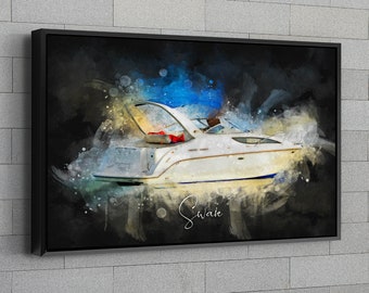 May include: A watercolor painting of a white boat with a blue and yellow background. The boat is in the water and the word "Swale" is written in cursive at the bottom of the painting.