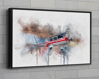 May include: A watercolor painting of a red and white airplane with the registration number "C4-754" on the side. The airplane is flying through a cloud of watercolor paint.