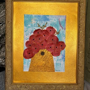 Poppy Mixed Media Original Wall Art Gold Color Frame One of a Kind