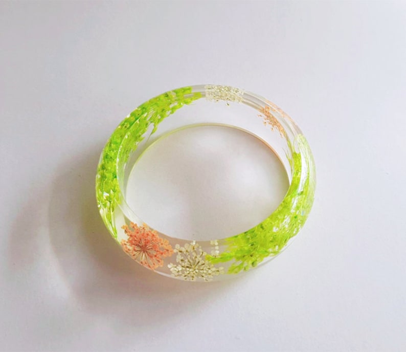Orange Green Flower pressed flower bangle real flower bangle bracelet resin bangle bracelet