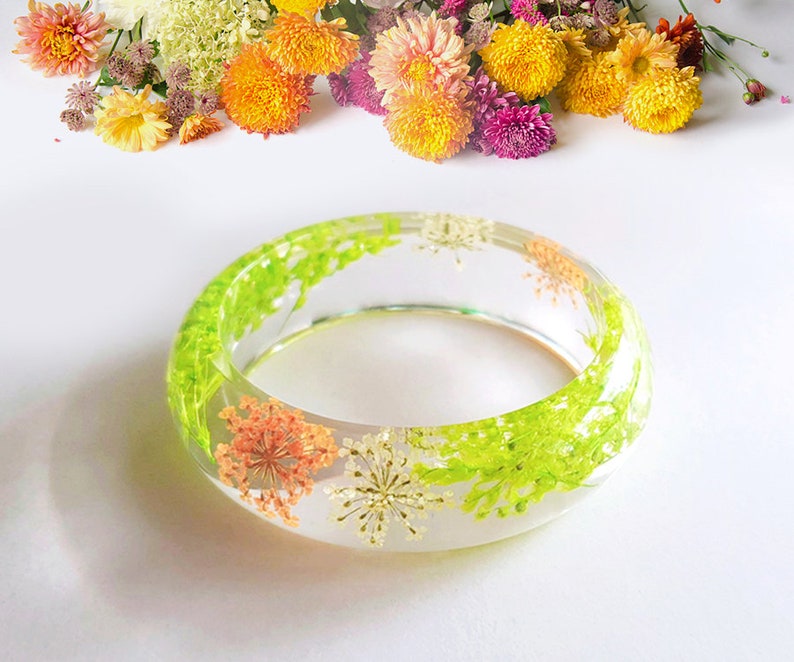 Orange Green Flower pressed flower bangle real flower bangle bracelet resin bangle bracelet